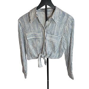 Zara women’s crop blue white striped tie front button shirt. Linen blend. Size M